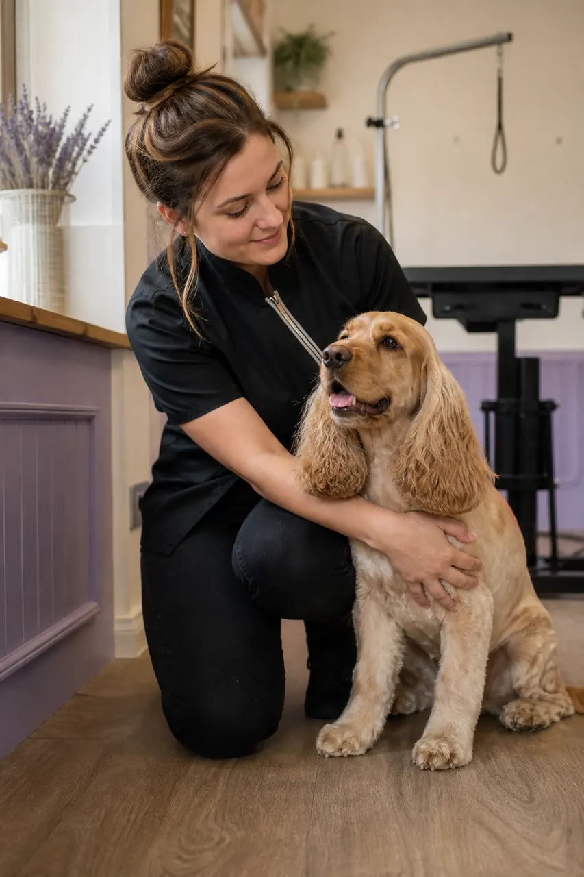 Generated concept of a groomer calmly reassuring a spaniel
